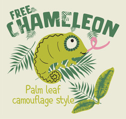 Cute chameleon on a branch with tropical leaves and flower, vector illustration. Perfect for baby shower, nursery and kids wall art, t-shirt print. © basws