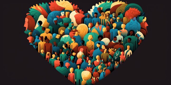 Diversity and comradery cooperation is represented by the shape of the s in a heart with a variety of people joined together to form a symbol of support and unity. Generative AI