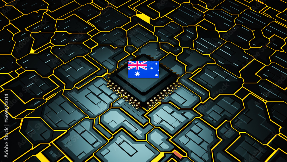 Poster australian flag on motherboard chip background, 3d glowing electronic circuit board with australian 