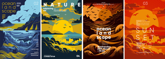 Sunset, storm, ocean waves. Set of vector illustrations. Flat design. Typography. Background for a poster, t-shirt or banner. - obrazy, fototapety, plakaty