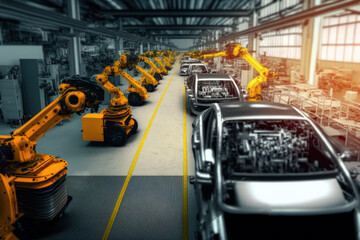 Fototapeta na wymiar automotive factory producing cars with automated robotic arms in assembly line. generative ai