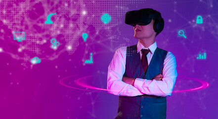 Metaverse technology. Businessman wearing virtual reality vr goggles headset watching, blue icon online interface world digital data purple and violet color background.