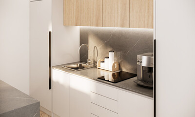 Modern Kitchen room interior design and decoration with built in counter and wooden cabinets, sink and stove. 3d rendering close up mockup apartment pantry.
