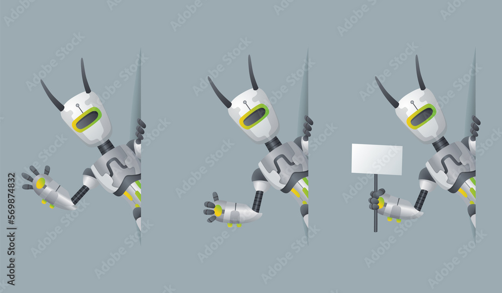 Poster robots look out corner. robotic information banners mockup interface design. cyborg characters for p