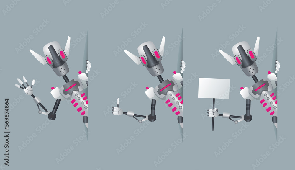 Poster robots look out corner. robotic information banners mockup interface design. cyborg characters for p
