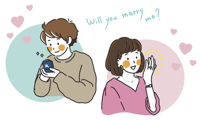 プロポーズの指輪を準備して微笑む青年と指輪をもらった女性のイラスト