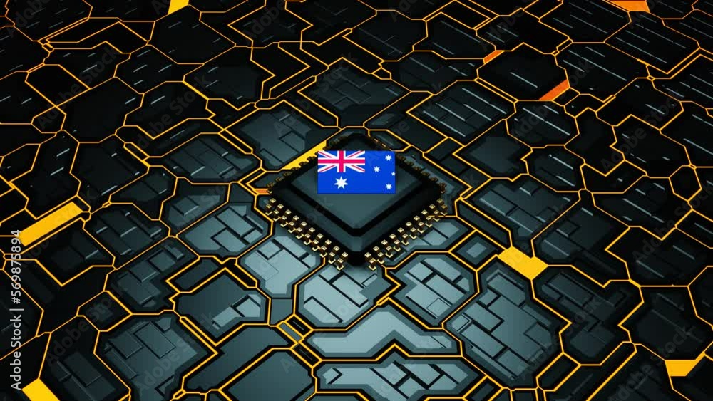 Poster australia flag on motherboard chip animation, 3d glowing electronic circuit board with australian fl