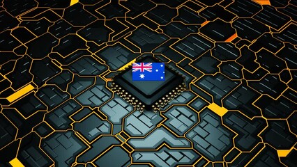 Australia flag on motherboard chip animation, 3D glowing electronic circuit board with Australian flag placing on microprocessor, Artificial intelligence, Data processing, Machine learning, 3D Render - Powered by Adobe