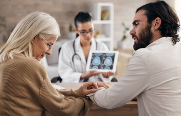 Brain, scan and doctor with mother and son for mri results or xray diagnosis for cancer on tablet....
