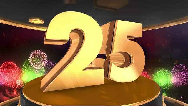 25th anniversary animation in gold with fireworks background, 
Animated 25 years anniversary Wishes in 4K