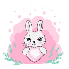 Hand drawn Cute Bunny and pink heart vector illustration print design rabbit, children print on t-shirt.