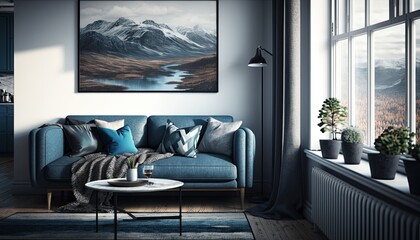 A living room with a blue sofa in a modern Scandinavian apartment, surrounded by a panoramic view. The atmosphere is calm, relaxed, and inviting. generative ai