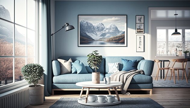 A living room with a blue sofa in a modern Scandinavian apartment, surrounded by a panoramic view. The atmosphere is calm, relaxed, and inviting. generative ai