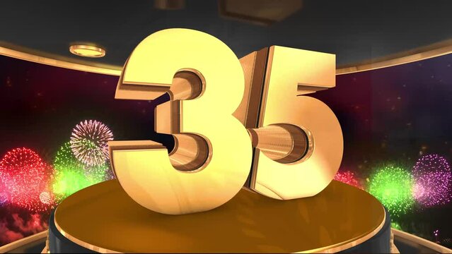 35th anniversary animation in gold with fireworks background, 
Animated 35 years anniversary Wishes in 4K