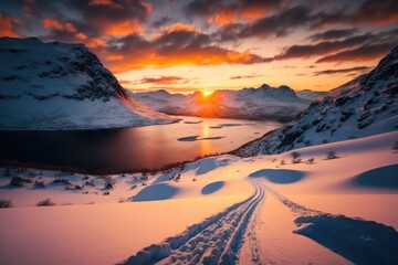 Plakat sunset in the mountains and fjords with skiing tracks made with generated ai
