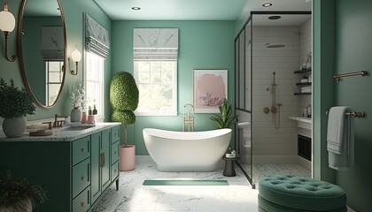Luxurious spa-style bathroom with a relaxing color scheme, featuring a freestanding tub and a rain, shower. generative ai