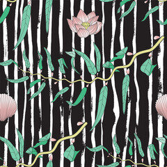 Sea weeds, and lotus, and shell seamless black and white textile design