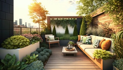 Urban rooftop garden with lush greenery, seating areas, and city views. generative ai