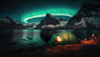 Tent by the fjords under the aurora borealis made with generated ai