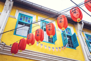 Kwai Chai Hong art street with chinese lanterns in Kuala Lumpur Chinatown, Malaysia