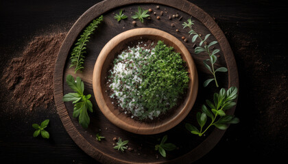 Round wooden plate with herbs and salt on dark wooden background 