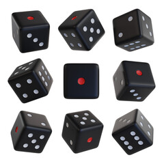 set of black dice game png 3d illustration