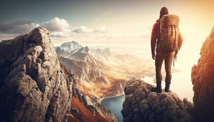 Fototapeta premium Man on the peak of high rocks with a view