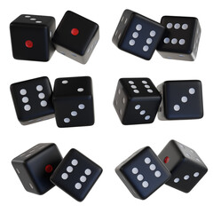 set of black dice game png 3d illustration