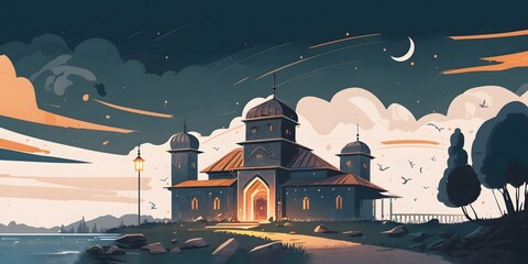 Mosque in the night, Muslim festival eid mubarak background