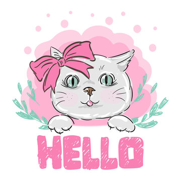 Hand Drawn Cute Cat with lettering Hello, vector illustration, children print on t-shirt.