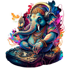 Generative AI. Colorful illustration without background in psychedelic art of the Hindu god Ganesha characterized as an electronic music DJ, tattoo design.