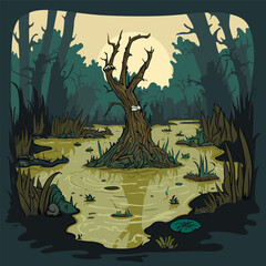 Landscape with marsh, water lilies, trees trunks and bog grass. green swampy lake in a scary forest. Fairy bog. Vector illustration