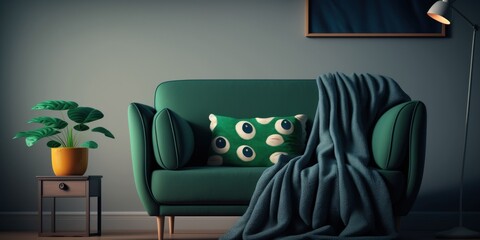 Dark green blanket thrown on grey sofa in bright living room with empty poster and armchair. Generative AI