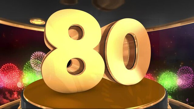 80th anniversary animation in gold with fireworks background, 
Animated 80 years anniversary Wishes in 4K 
