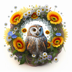Flat Cute fairytale owl inside a flat spiral of flowers on white background