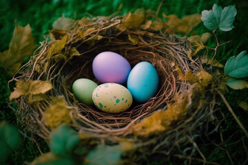 Fototapeta na wymiar Colorful easter eggs in nest on meadow. ai generative.