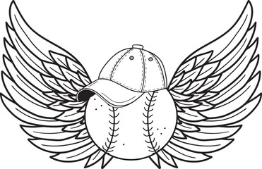 Vector illustration of a baseball with wings and a baseball cap. Sports logo, tattoo.
