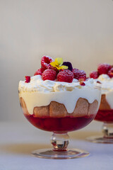 Raspberry trifle with fruit jelly, custard and cream
