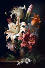 a beautiful bouquet of roses lilies and pansies, detailed oil painting