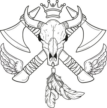 Vector illustration of a bull skull and crossed axes. Feathers and wings as decoration. Emblem, sticker.
