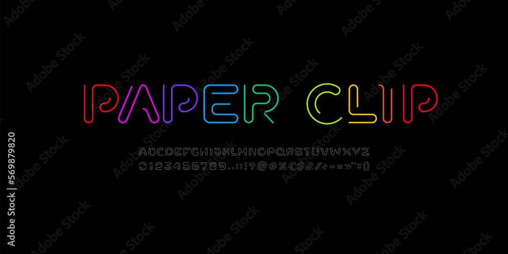 Poster paper clip alphabet, font from thin segment rounded line, letters and numbers made in the linear sty
