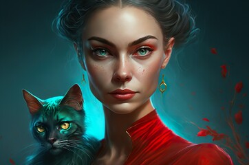 Stunning Elegant Girl in a Red  Long Flowing Dress with cat eyes and cat AI Generated