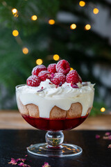 Raspberry trifle with fruit jelly, custard and cream