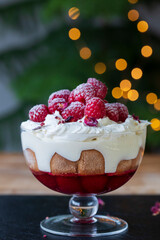 Raspberry trifle with fruit jelly, custard and cream