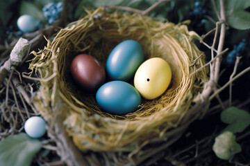 Colorful easter eggs in nest on meadow. ai generative.
