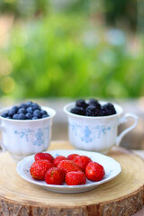 Blueberries, blackberries and strawberries in the vintage porcelain set. Healthy snack served in a garden. Selective focus.
