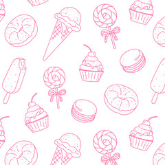 seamless pattern on transparent background with pink lines for pastry shop, candy store, cafe, dining room, background with popsicle, cupcake, lollipop, donut, macaroon, french perozhnoe