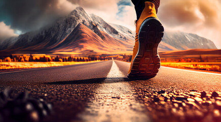 Close-up at the runner feet is start running forward to the beautiful view of mountain with orange sun light environment as background. Sport action and human challenge concept