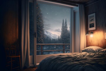 Hotel room in the mountain, a double bed with grey blanket, lots of lights, window with a view of the trees and night sky, outside is winter, cozy warm lights in the room. Generative AI illustrations