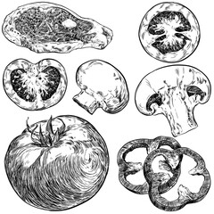 Ilustración tinta, realista de estilo vintage de verdura, carnes, hamburguesas y otros alimentos para cartas de restaurantes y publicidad en restauración en png transparente.